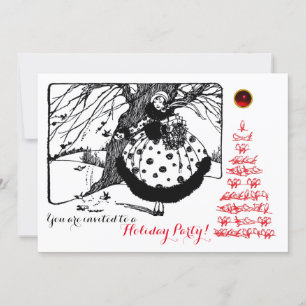 CHRISTMAS BIRDS TREE EN LADY Black White Red Kaart