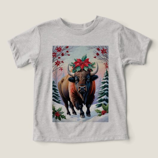 Christmas Bison With Big Horns Snow & Poinsettias (Design Recto)