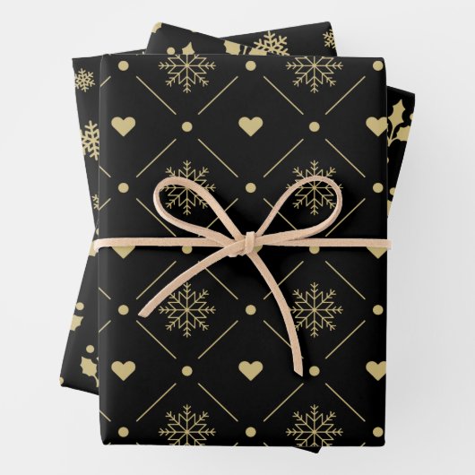 Christmas Black And Gold Snowflake Holly Pattern Inpakpapier Vel (In situ)
