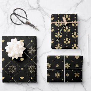 Christmas Black And Gold Snowflake Holly Pattern Inpakpapier Vel