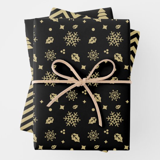 Christmas Black And Gold Snowflake Tree Pattern Inpakpapier Vel (In situ)
