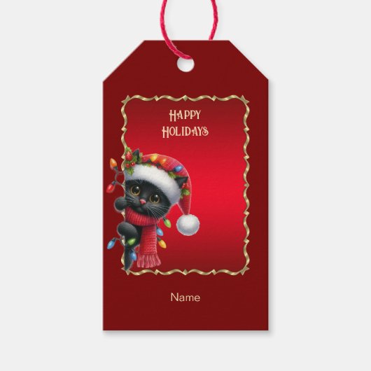 Christmas Black Cat Holiday Gift Label Cadeaulabel (Voorkant)
