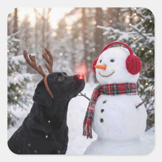 Christmas Black Labrador Retriever with Snowman Vierkante Sticker (Voorkant)