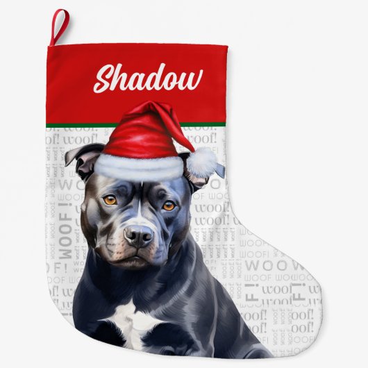 Christmas Bluenose Pitbull Name Woof Background Grote Kerstsok (Voorkant)