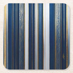 Christmas Blues Stripes blauw wit goud Vierkante Kartonnen Onderzetter