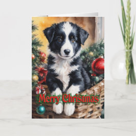 Christmas Border Collie puppy in een mand Feestdagen Kaart