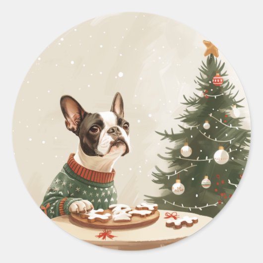 Christmas Boston Terrier Dog Ronde Sticker (Voorkant)