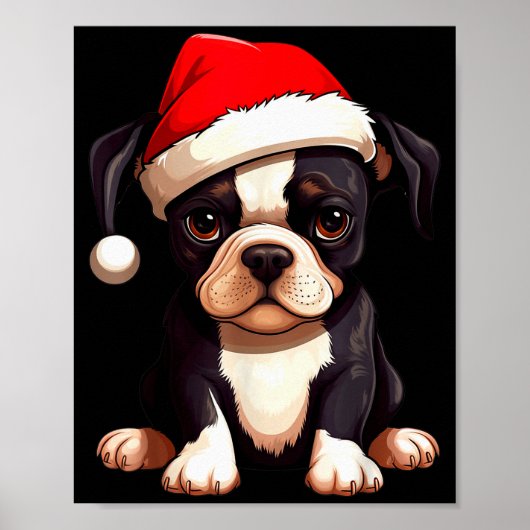 Christmas Boston Terrier Dog Santa Hat Funny Xmas  Poster (Voorkant)