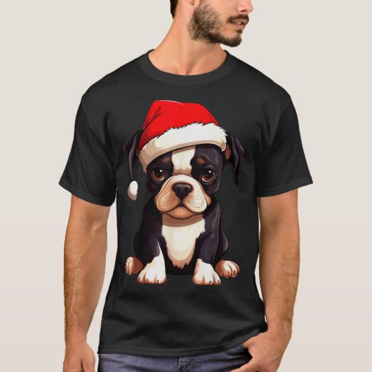 Christmas Boston Terrier Dog Santa Hat Funny Xmas T-shirt (Voorkant)