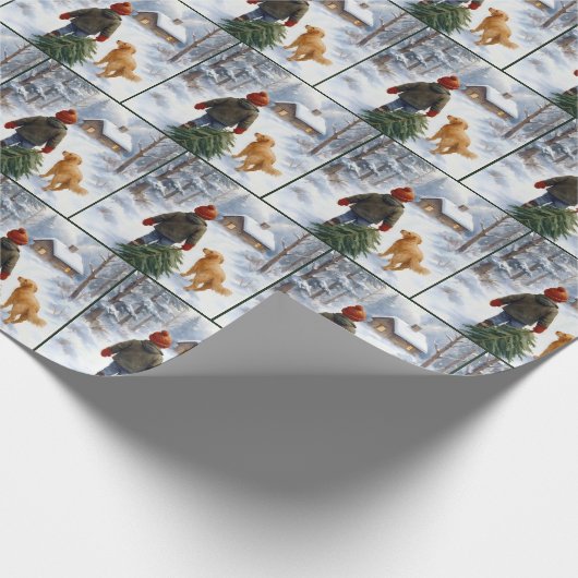 Christmas Boy Dragging an Evergreen Tree Home Cadeaupapier (Hoek)