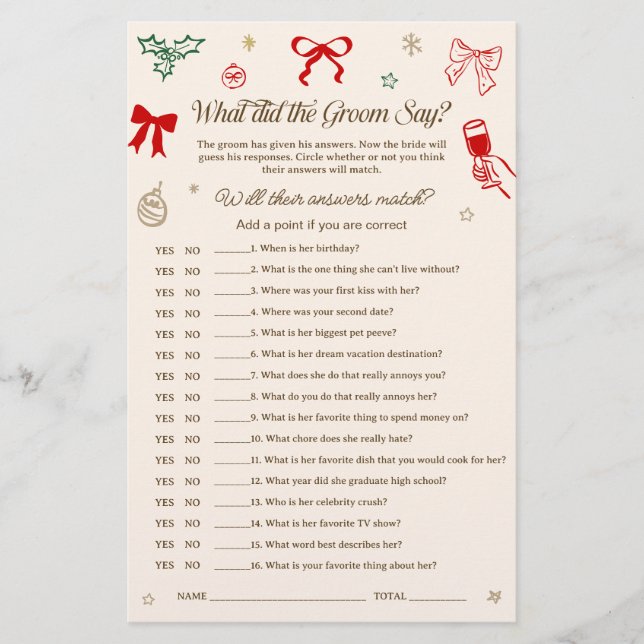 Christmas Bridal Shower What Did He Say Game (Voorkant)