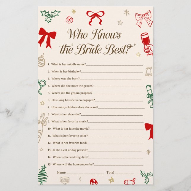 Christmas Bridal Shower Who Knows the Bride Best (Voorkant)