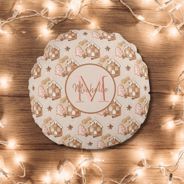 Christmas Brown Gingerbread House Roze Bomen Rond Kussen (Creator heeft geüpload)