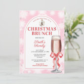 Christmas Brunch Party Red Bow Wine Pink Gingham Kaart (Staand voorkant)