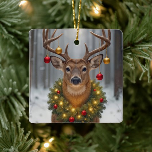 Christmas Buck Wearing a Glowing Wreath Keramisch Ornament (Boom)