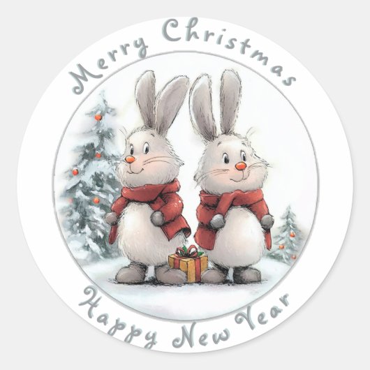 Christmas Bunny and gift, personalized Ronde Sticker (Voorkant)