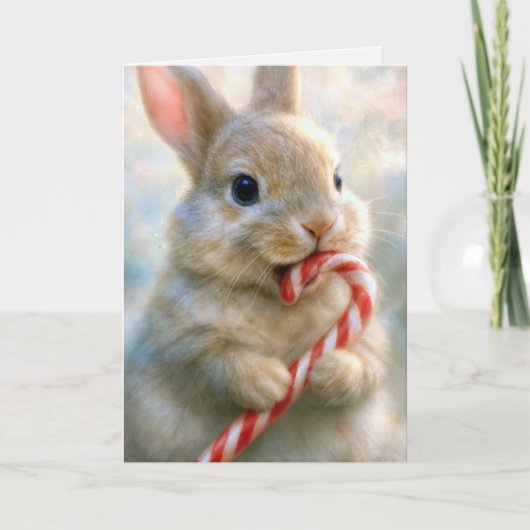 Christmas Bunny Rabbit Nibbling On a Candy Cane Kaart (Voorkant)