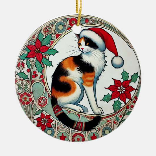 Christmas Calico Cat Santa Keramisch Ornament (Voorkant)