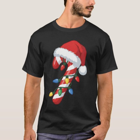 Christmas Candy Cane Santa Hat Xmas Lights T-shirt (Voorkant)