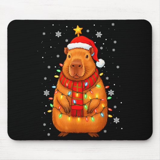 Christmas Capybara With Santa Hat Xmas Lights Tree Muismat (Voorkant)
