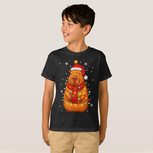 Christmas Capybara With Santa Hat Xmas Lights Tree T-shirt (Voorkant volledig)