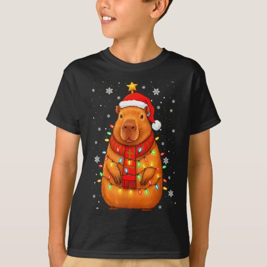 Christmas Capybara With Santa Hat Xmas Lights Tree T-shirt (Voorkant)