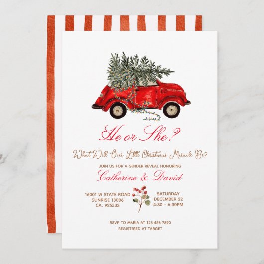Christmas Car and Tree Gender Reveal Invitation (Devant / Derrière)