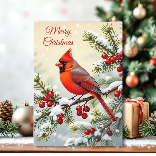 Christmas Cardinal on a Snowy Branch Kaart