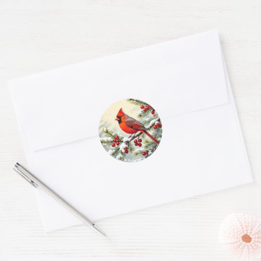 Christmas Cardinal on snowy pine branch Ronde Sticker (Envelop)