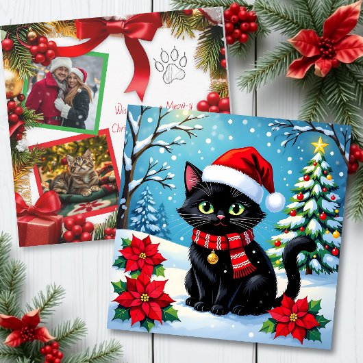 Christmas Cat and Two Photo Template Holiday Feestdagenkaart