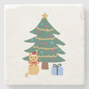 Christmas Cat Illustration Tree Stenen Onderzetter