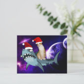 CHRISTMAS CAT IN SPACE RIDNG A SHARK BRIEFKAART (Staand voorkant)