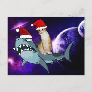CHRISTMAS CAT IN SPACE RIDNG A SHARK BRIEFKAART