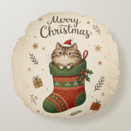 Christmas Cat in Stocking Rond Kussen