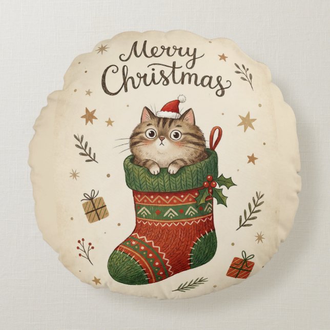 Christmas Cat in Stocking Rond Kussen (Voorkant)
