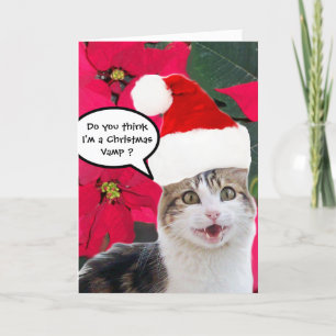 CHRISTMAS CAT MET SANTA CLAUS PET EN POINSETTIAS FEESTDAGEN KAART