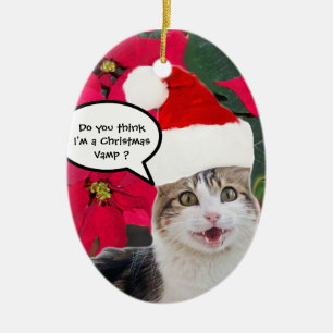 CHRISTMAS CAT MET SANTA CLAUS PET EN POINSETTIAS KERAMISCH ORNAMENT