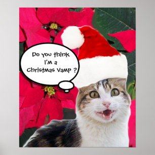 CHRISTMAS CAT MET SANTA CLAUS PET EN POINSETTIAS POSTER