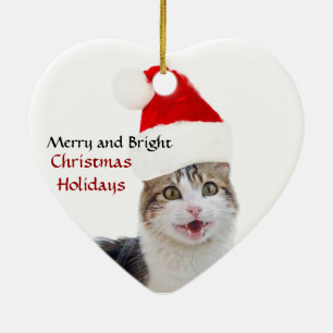 CHRISTMAS CAT MET SANTA CLAUS PET HEART KERAMISCH ORNAMENT