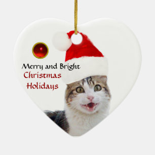CHRISTMAS CAT MET SANTA CLAUS PET RUBY HEART KERAMISCH ORNAMENT