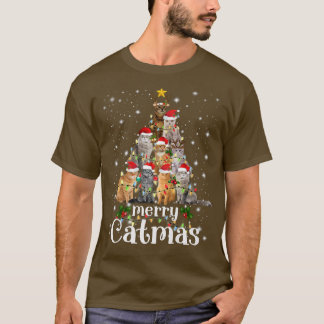 Christmas Cat Tree with Santa Hat Merry Catmas Fun T-shirt