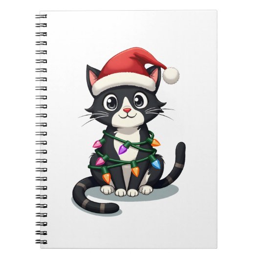 Christmas Cat Tuxedo black cat xmas lights kitty c Notitieboek (Voorkant)