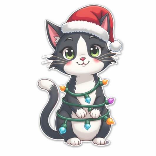 Christmas Cat Tuxedo black cat xmas lights kitty c Sticker (Voorkant)