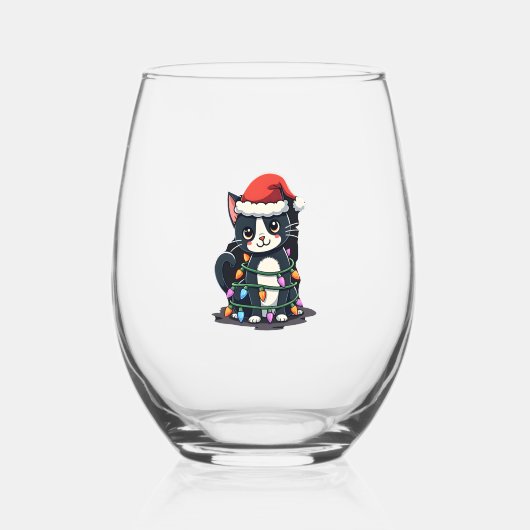 Christmas Cat Tuxedo black cat xmas lights kitty c Wijnglas Zonder Voet (Voorkant)