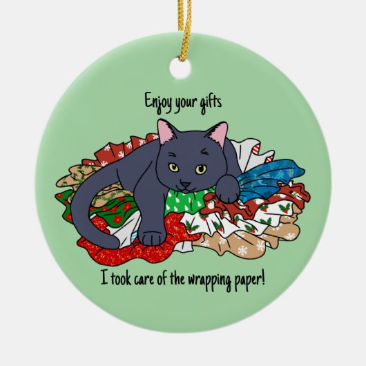 Christmas cat with wrapping paper keramisch ornament (Voorkant)
