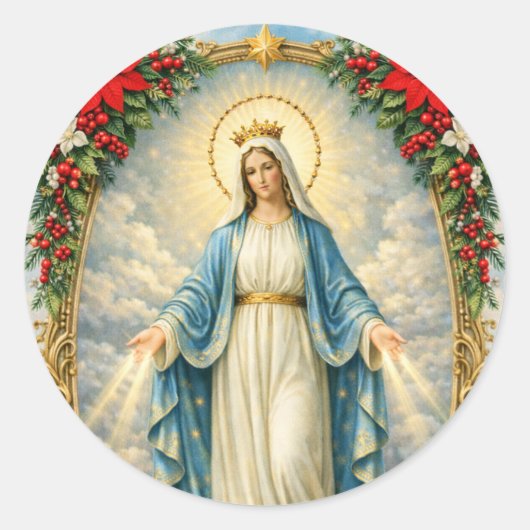 Christmas Catholic Virgin Mary Poinsettias Ronde Sticker (Voorkant)