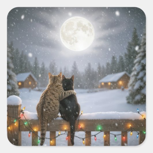 Christmas Cats Cuddling On a Snowy Fence Vierkante Sticker (Voorkant)