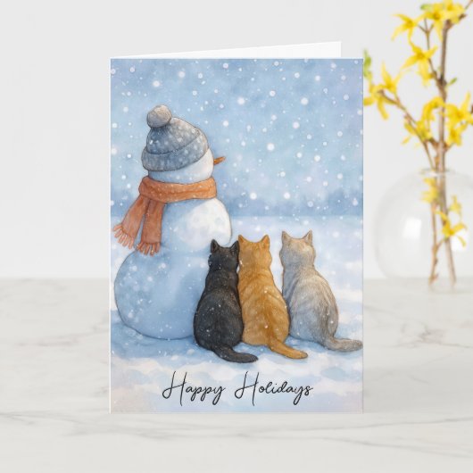 Christmas Cats Sitting With a Snowman In a Field Kaart (Gele Bloem)