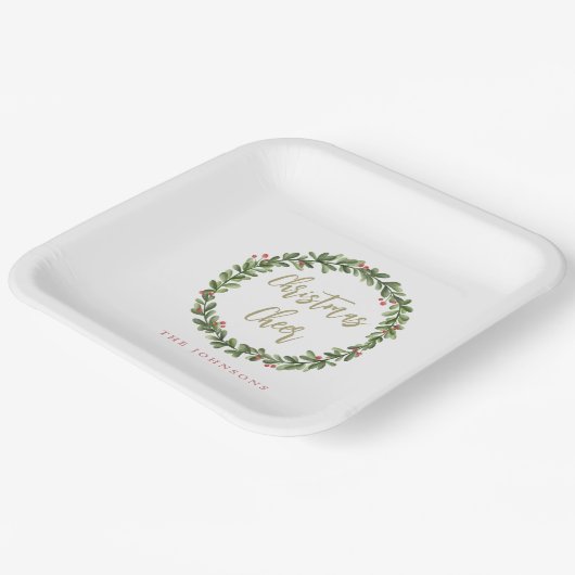 Christmas Cheer Wreath Gold Script Personalized Papieren Bordje (Gebogen)