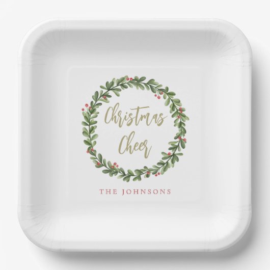 Christmas Cheer Wreath Gold Script Personalized Papieren Bordje (Voorkant)